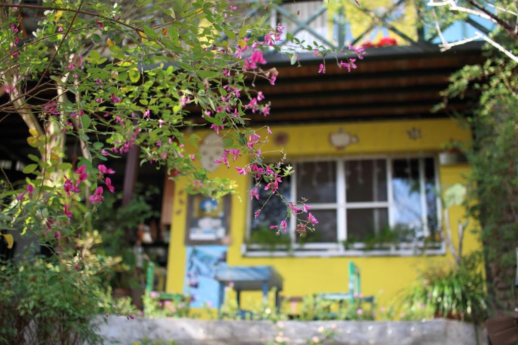 Zhudong老农夫山庄 的前面有粉红色花的黄色房子