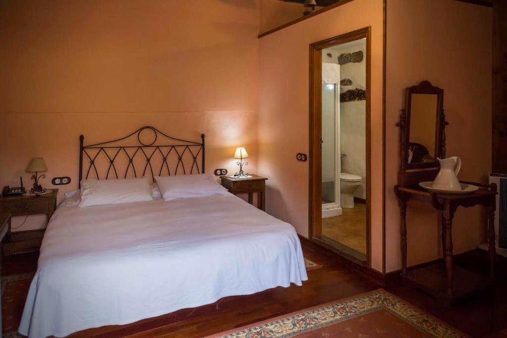 拉奥罗塔瓦拉奥罗塔瓦乡村酒店的一间卧室配有一张大床和镜子