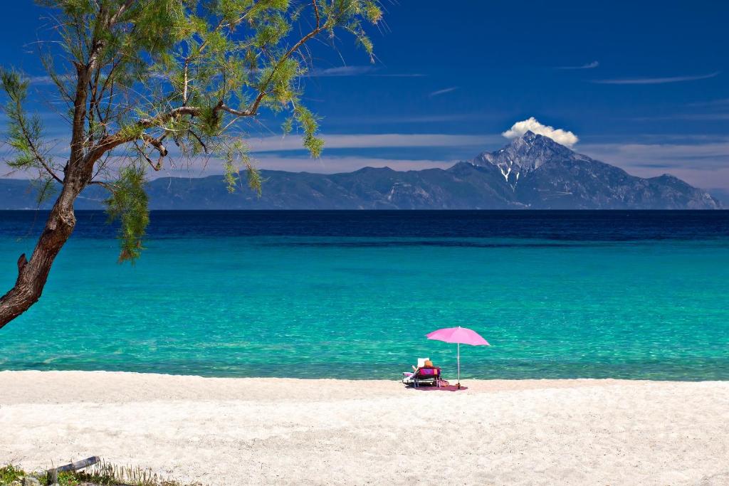 萨尔蒂Armenistis Camping & Bungalows的坐在海滩上一把伞下椅子上的人