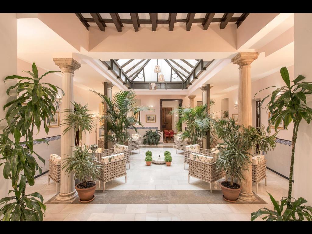 格拉纳达阿纳卡普里酒店的大厅,在大楼里摆放椅子和盆栽植物