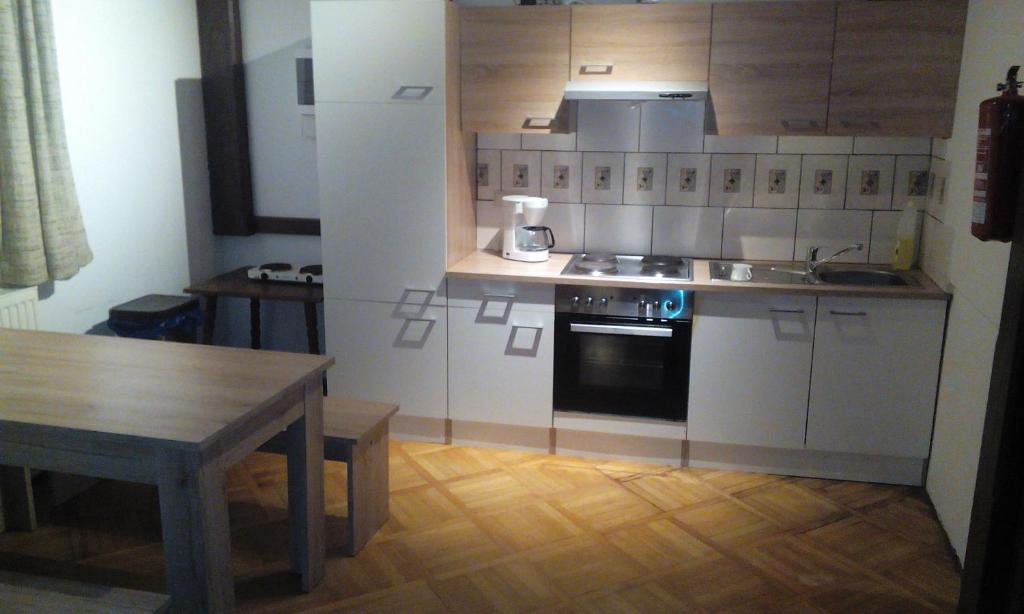 珀希拉恩Gasthof zum Nibelungenbauer的厨房配有白色橱柜和木桌