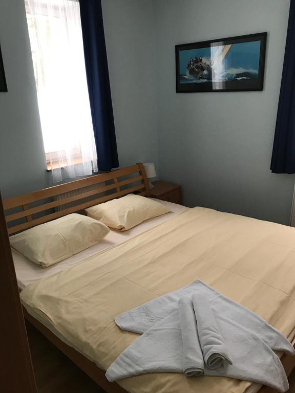 伏尔塔瓦河畔利普诺Apartment Lucy Lipno的床上有两张枕头,有毯子