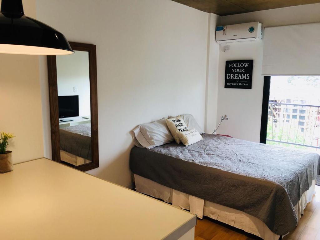 贝伦埃斯科巴Studio的一间卧室配有一张床和一面大镜子