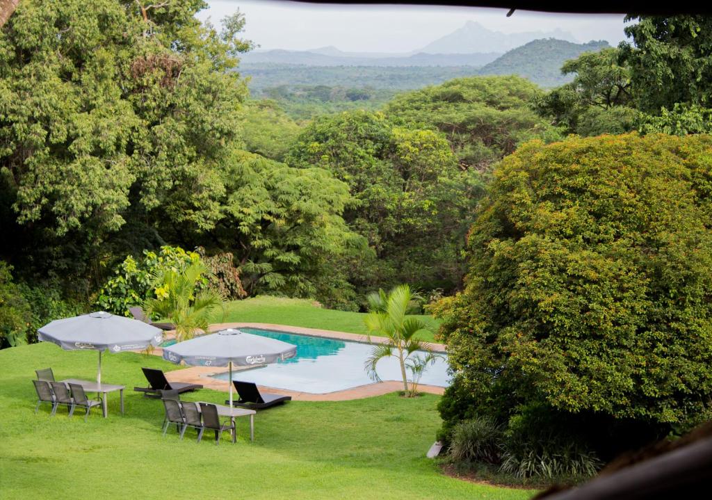 利隆圭Kumbali Country Lodge的一个带椅子和遮阳伞的草地游泳池