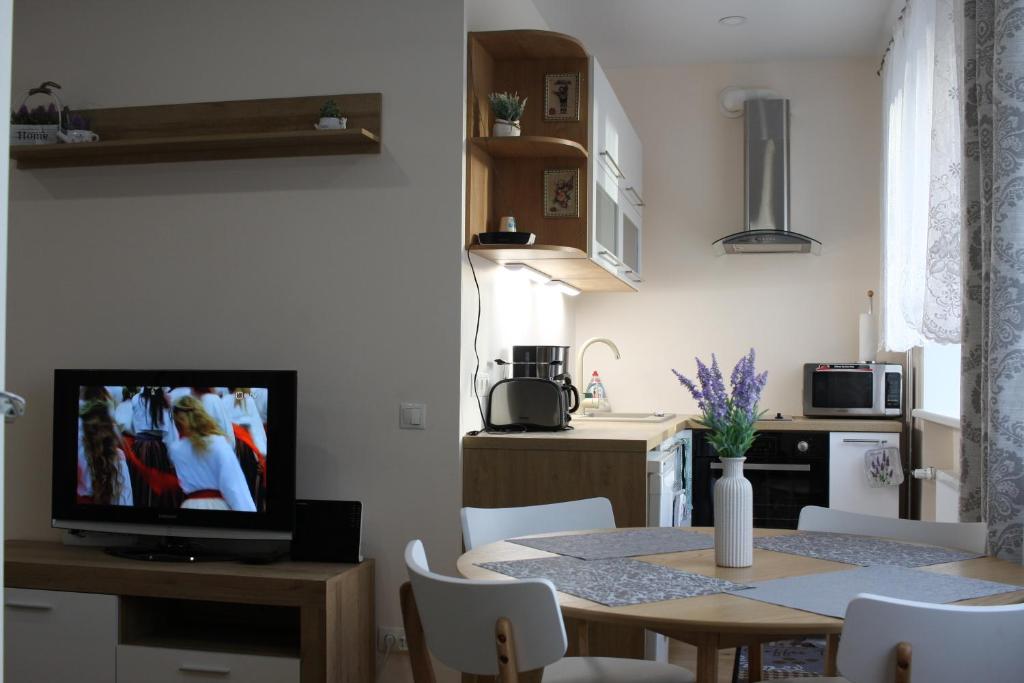 派尔努Akord Apartment Centrum的厨房以及带桌子和电视的用餐室。