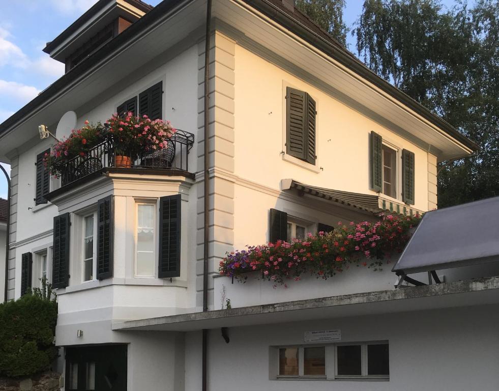 Bunzen思迪尼曼宾馆的阳台上的白色房子,鲜花盛开