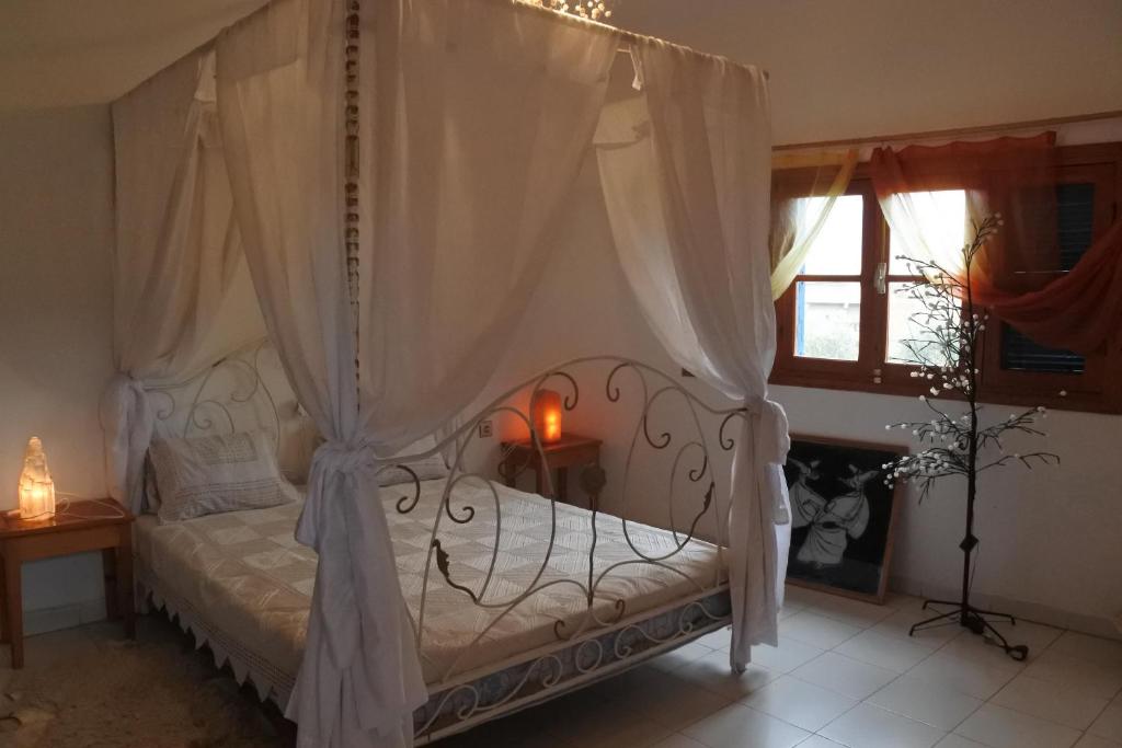 Rhorm el AlemLe jardin d'habiba的一间卧室配有一张带天蓬的床