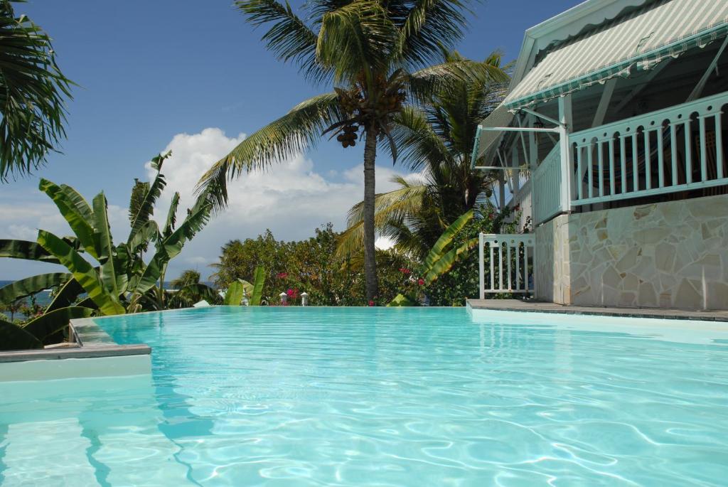 勒穆莱Villa Les Nereides的棕榈树屋前的游泳池
