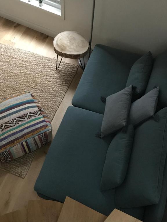 米德尔堡Mooi Genieten的客厅配有带枕头的蓝色沙发