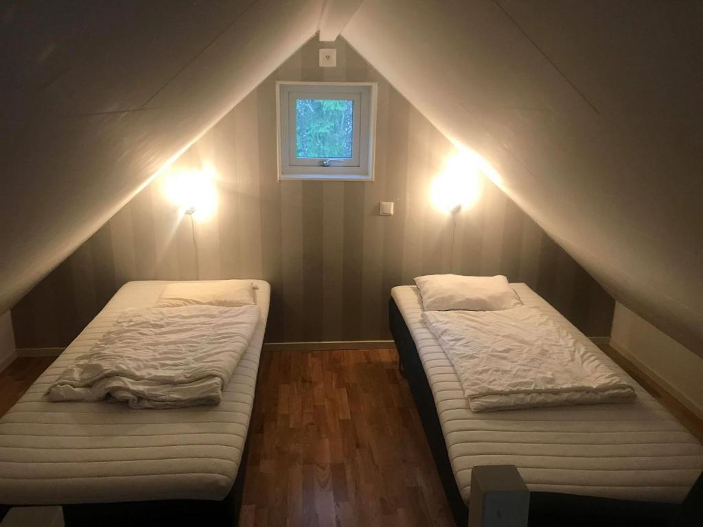 埃斯基尔斯蒂纳维尔施塔露营山林小屋的配有窗户和灯的客房内的两张床