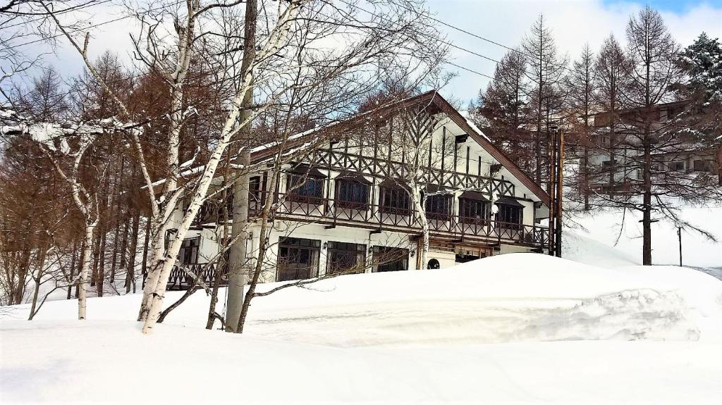 饭山市斑尾高原小木屋酒店的雪中带阳台的房子