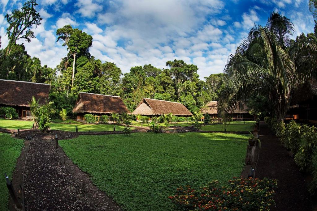 马尔多纳多港Amazon Field Station byInkaterra的一座绿色庭院,后面有房屋和树木