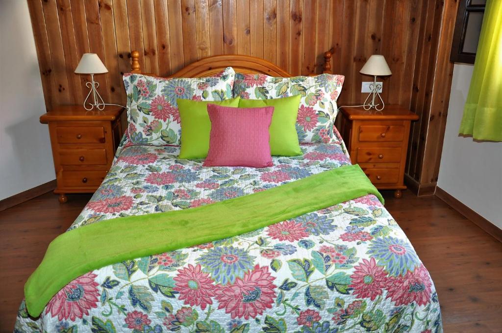 巴尔塞基略Casa Teresa Las Vegas的一张带绿色和粉红色枕头的床