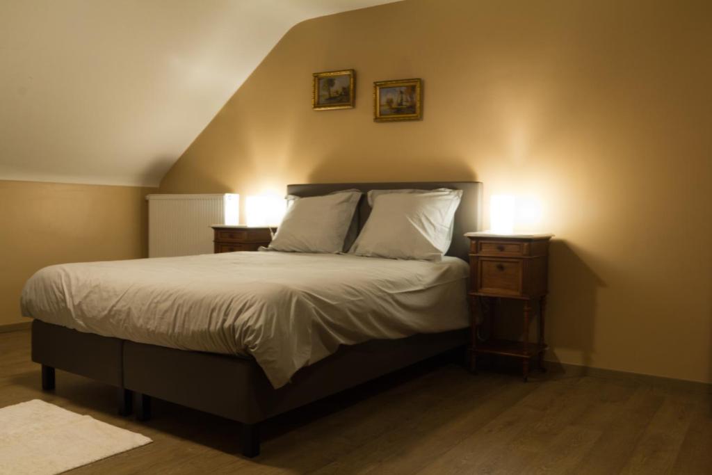 博尔赫隆't Gillebroek的一间卧室配有一张带2个床头柜和2盏灯的床。