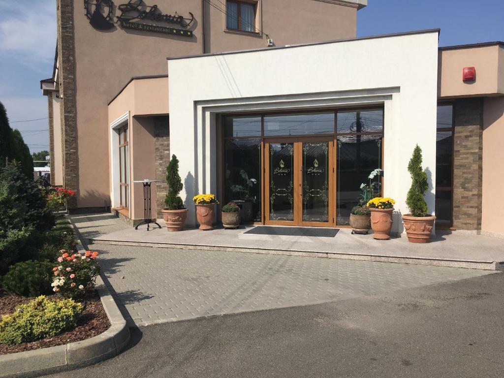 巴克乌Hotel Bohemia的门前有盆栽植物的建筑