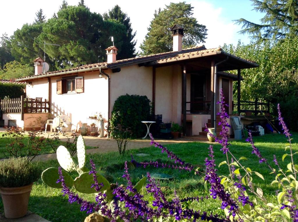 Zagarolo橄榄树希尔住宿加早餐旅馆的院子里的一座小房子,鲜花盛开