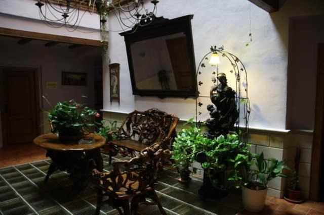 韦斯卡尔Hotel El Maño的配有桌椅和植物的房间