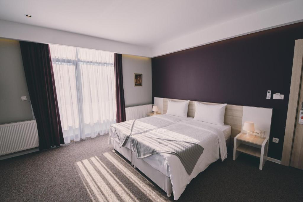 萨拉热窝诺瓦本特巴萨酒店的一间卧室设有一张大床和黑色墙壁