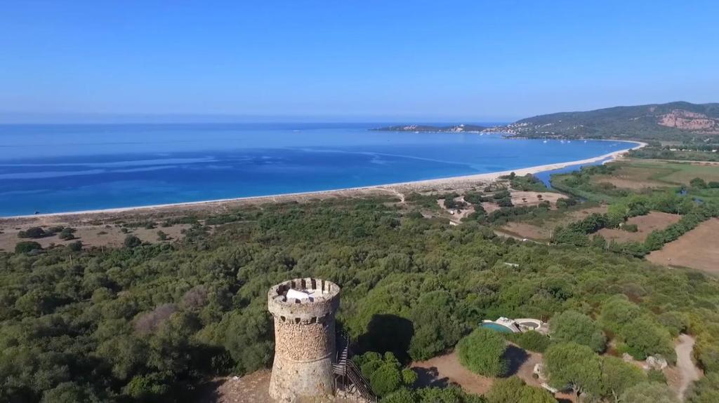 奥尔梅托Tour Génoise Micalona, Domaine de l'Oglisatru的水体旁城堡的空中景观