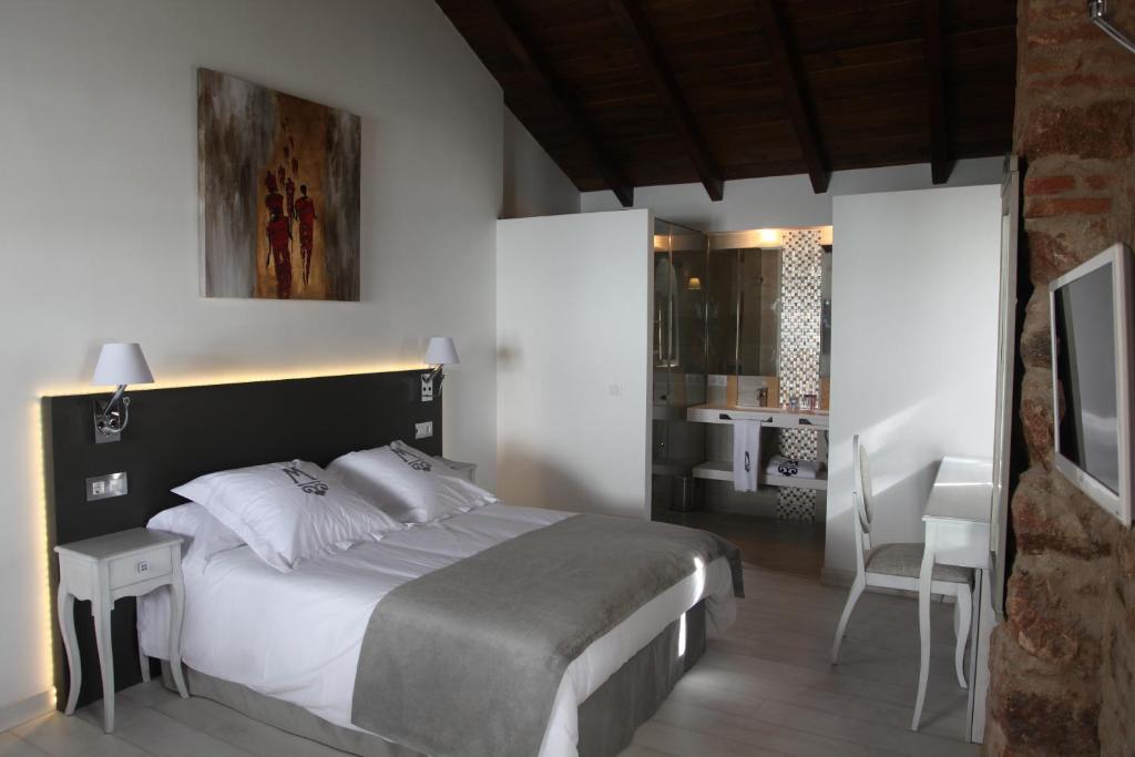 科尔多瓦新镇La Casa del Médico Hotel Boutique的卧室配有1张床、1张桌子和1把椅子