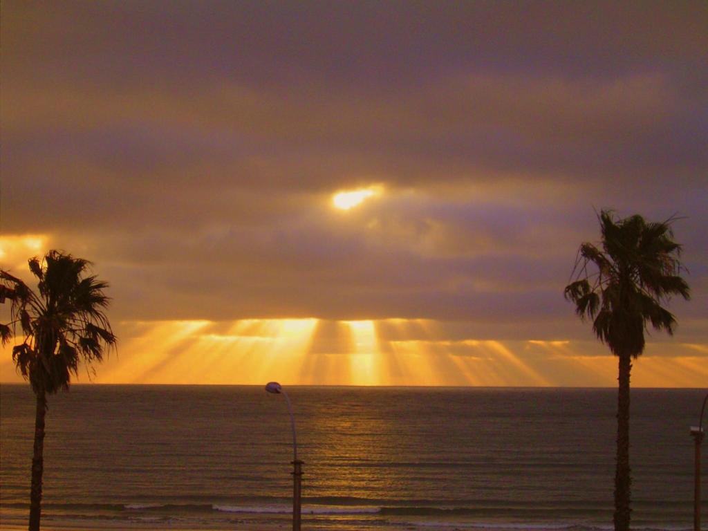 皮里亚波利斯拉昆弗雷酒店的海滩上日落,在前庭上种有棕榈树
