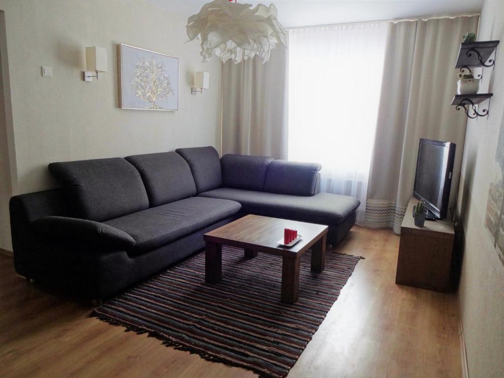 瓦尔米耶拉Kaktuss Apartamenti的客厅配有蓝色的沙发和茶几