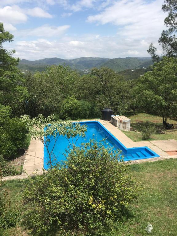 里奥塞瓦约斯Villa Anedé的一座绿树成荫的庭院中的蓝色游泳池
