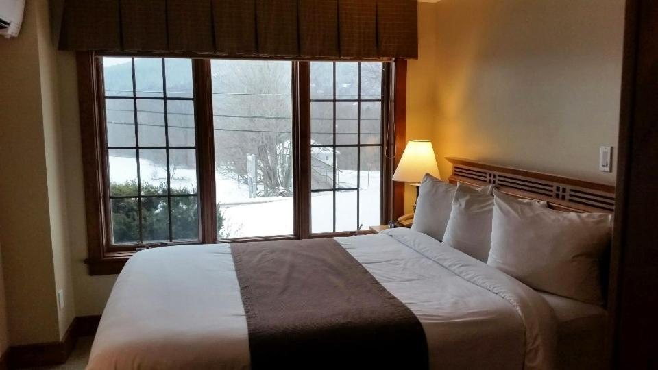 温德姆Winwood Inn & Condominiums的一间卧室设有一张大床和一个大窗户