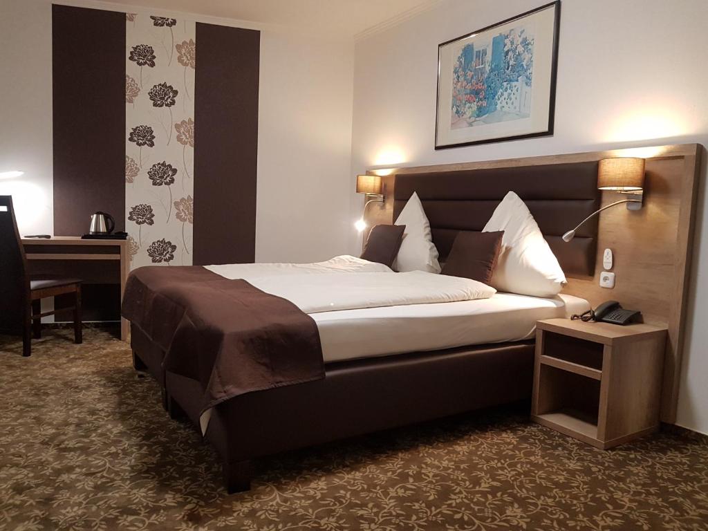 巴德茨维什安帕克住宿加早餐旅馆的酒店客房设有一张大床和一张书桌。