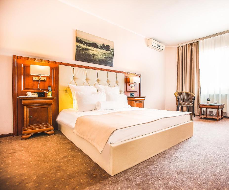 克卢日-纳波卡Hotel Athos R.M.T.的酒店客房设有一张大床和一张书桌。