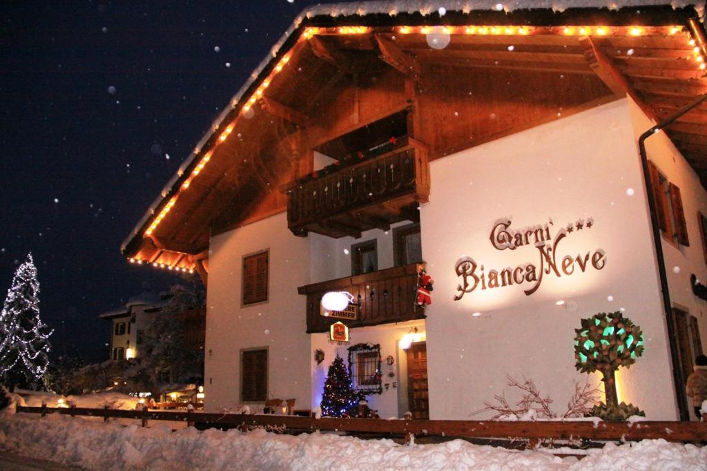 MendolaGarni Biancaneve Ruffrè-Mendola的雪中带圣诞灯的建筑