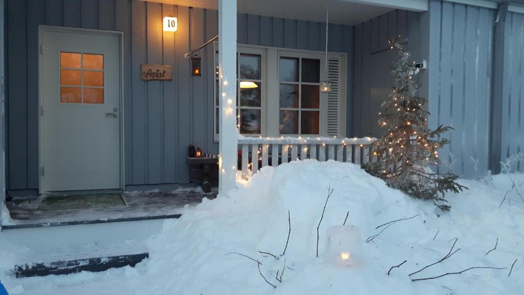 萨利色尔卡阿斯拉克公寓式酒店的雪中有一棵圣诞树的房子