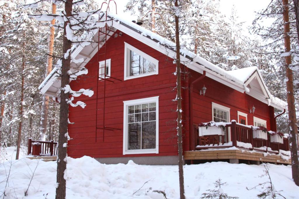 努尔梅斯Heidihaus的雪中树林里的红色小屋