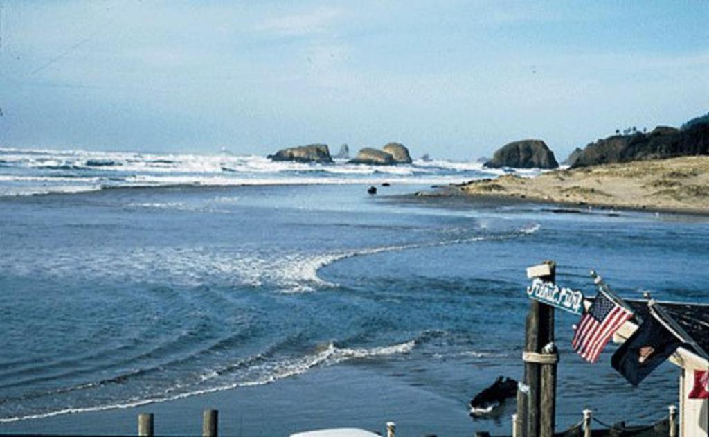 卡农海滩Webb's Scenic Surf的带有美国国旗和海洋的海滩