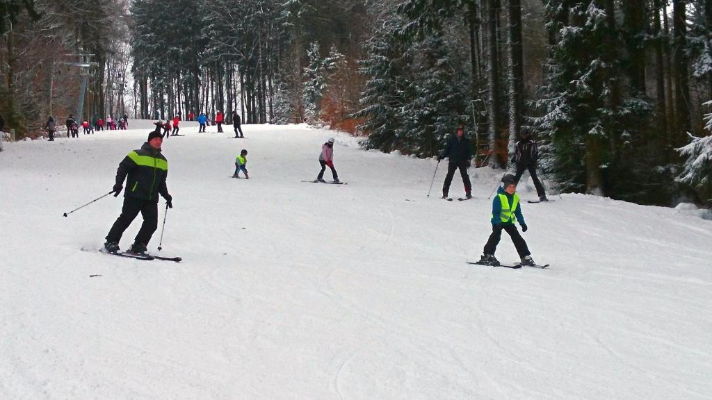 Nový RychnovHotel Křemešník的一群人沿着雪覆盖的斜坡滑雪