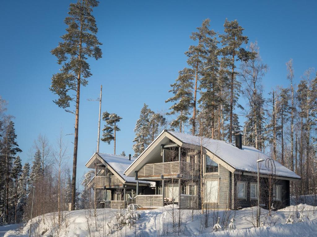 MuuramePyry ja Tuisku Cottages的雪中树下的房屋