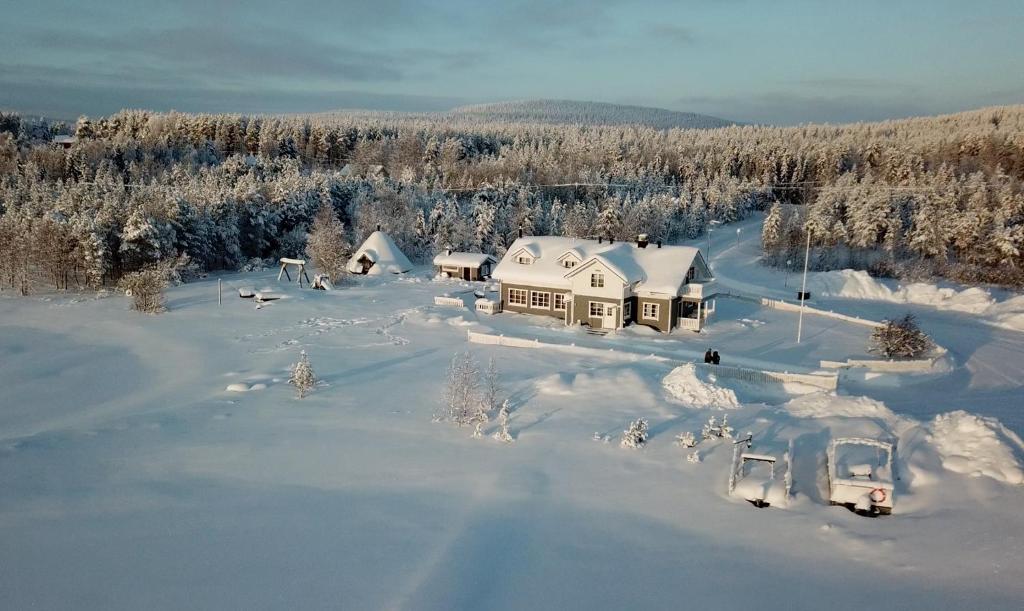 佩洛米耶科亚维度假村的雪中房屋的空中景观