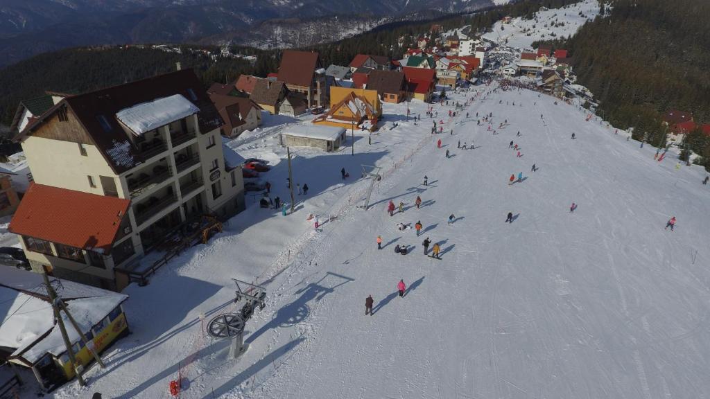 兰卡Pensiune Restaurant TERRA的一群人沿着雪覆盖的斜坡滑雪