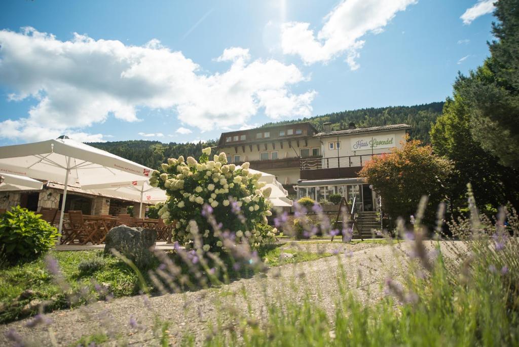 奥西阿赫Haus Lavendel的一座花园,在一座建筑前种有鲜花