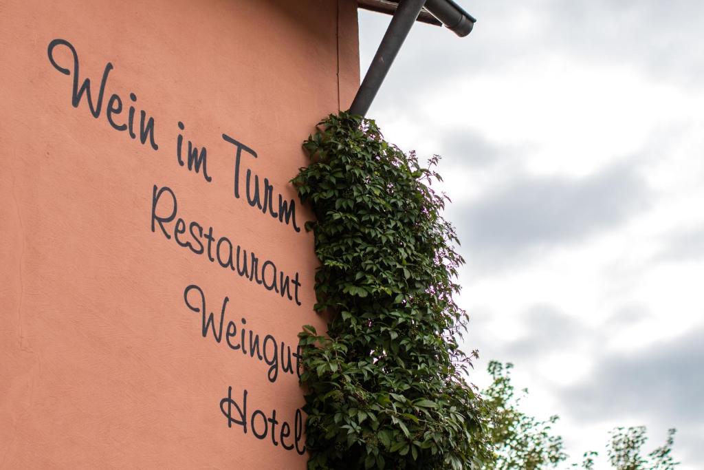 LonguichGästehaus Wein im Turm的一座建筑的侧面有植物