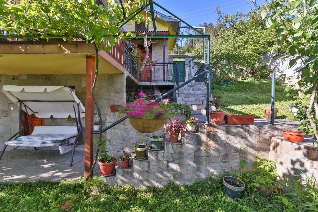 希普卡Guest House Villa Teres的带阳台、椅子和盆栽的房屋