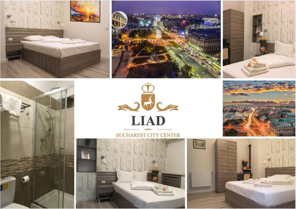 布加勒斯特Hotel Liad City Center的城市天际线酒店客房的照片拼合