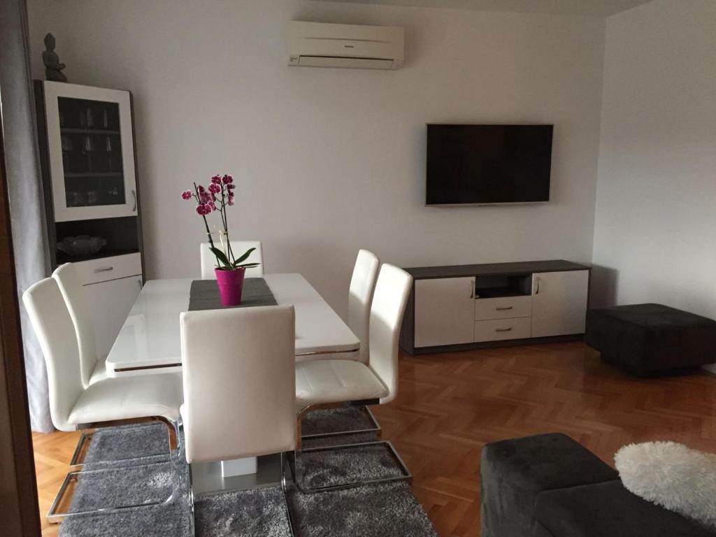 米利尼Villa Silvija的客厅配有桌椅和电视。