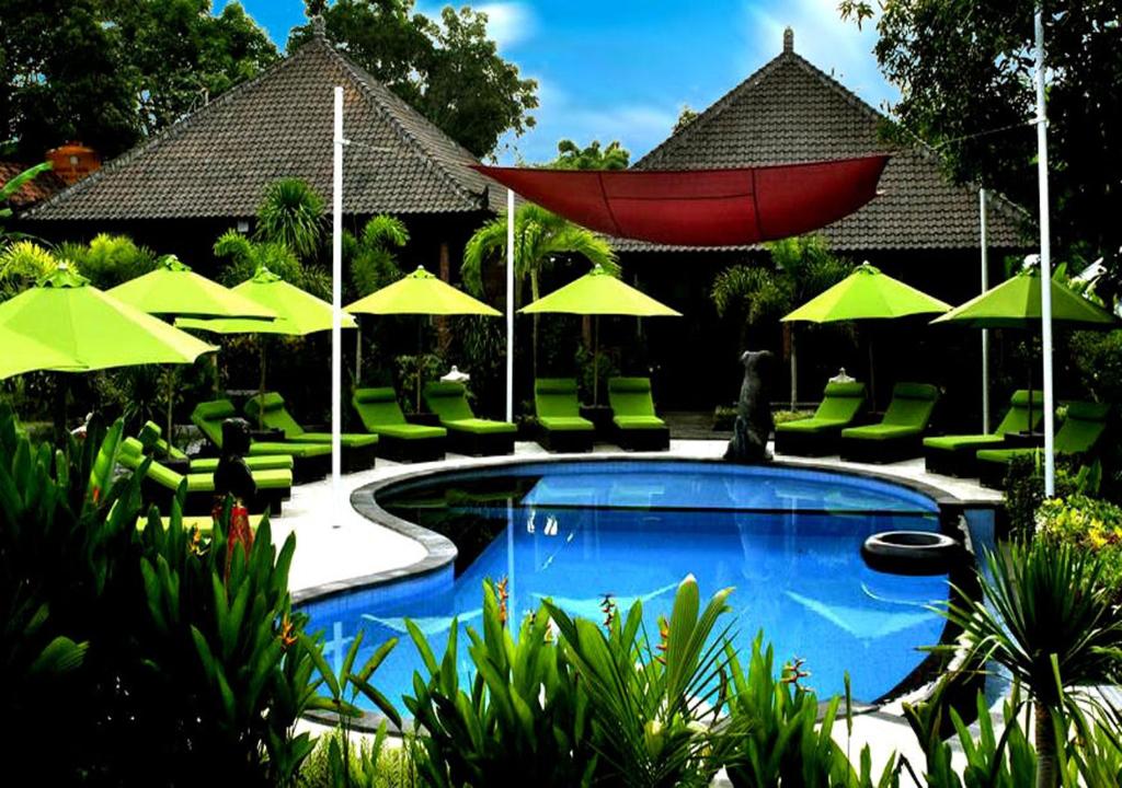 蓝梦岛蓝梦岛达玛拉酒店的一个带绿色椅子和遮阳伞的游泳池
