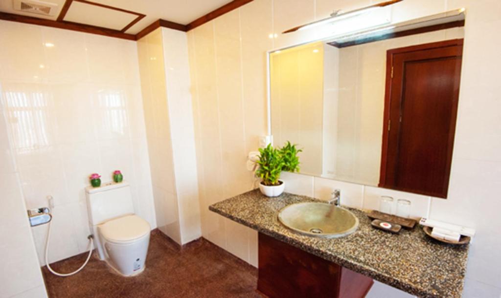 金边欧凯精品酒店的一间带水槽、卫生间和镜子的浴室