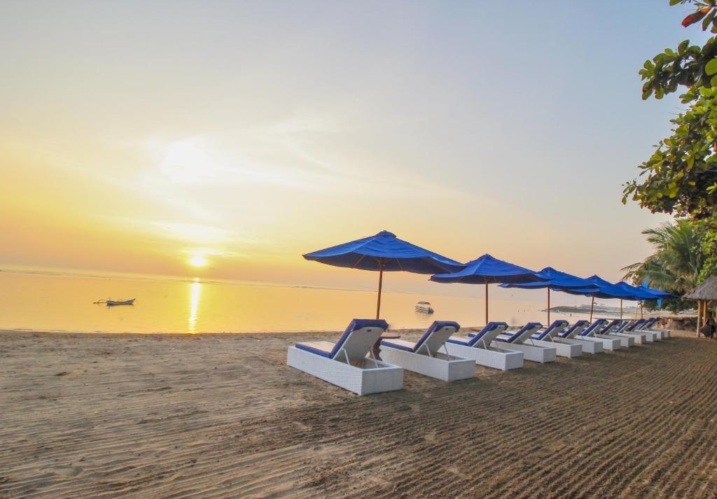 沙努尔尹娜圣德海滨酒店的海滩上的一排椅子和遮阳伞