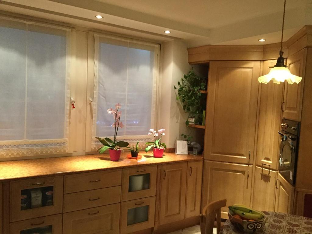 马累Casa Andreis的厨房配有木制橱柜和窗户。