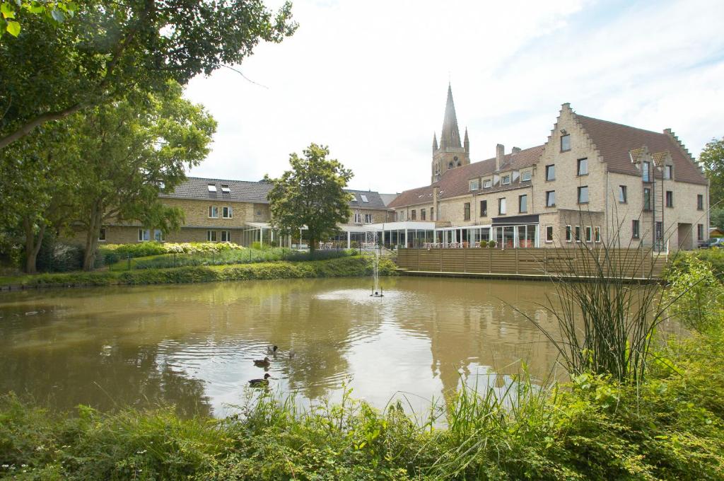 Lo-ReningeHotel Oude Abdij的一座教堂前的池塘