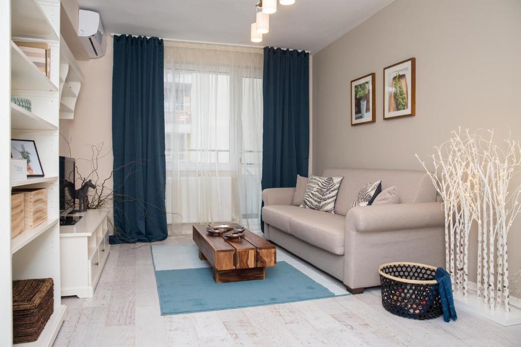 蒂米什瓦拉Ultracentral, brand new, modern and cozy apartment的带沙发和咖啡桌的客厅