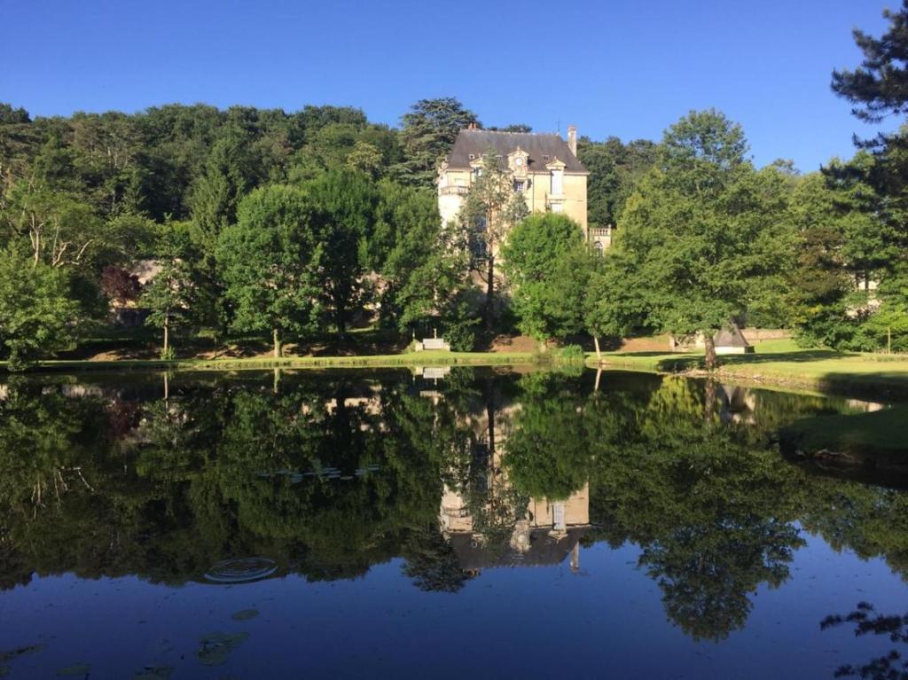 Saint-Paterne-RacanGite La Suite Ducale Chateau La Roche Racan的湖水中反映的房子
